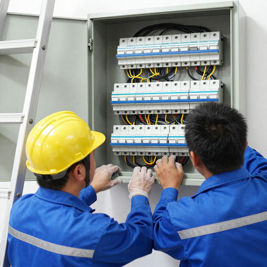 freepik electrician repairing panel ladder beside them organized labeled breakers and colored wires visible 0001