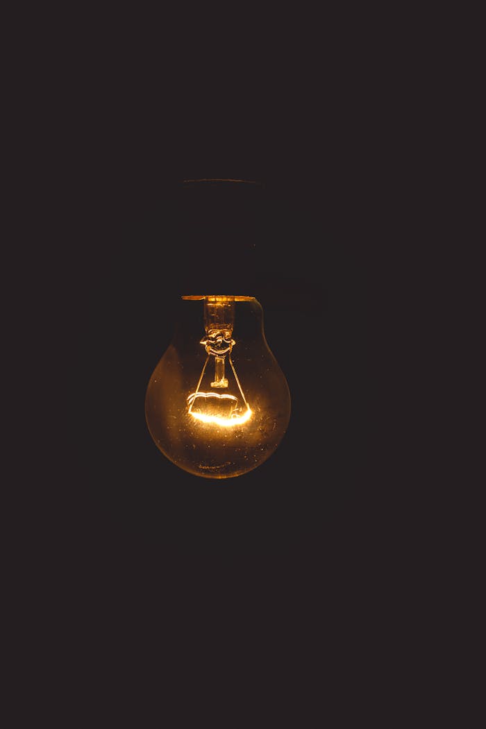 A glowing incandescent lightbulb illuminates a dark setting, symbolizing energy and innovation.